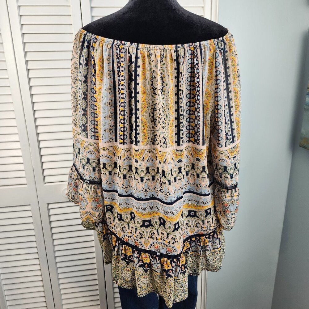 Democracy Boho Off Shoulder Top L Bell Sleeve Flowy Semi Sheer Embroidered Trim - Picture 6 of 11